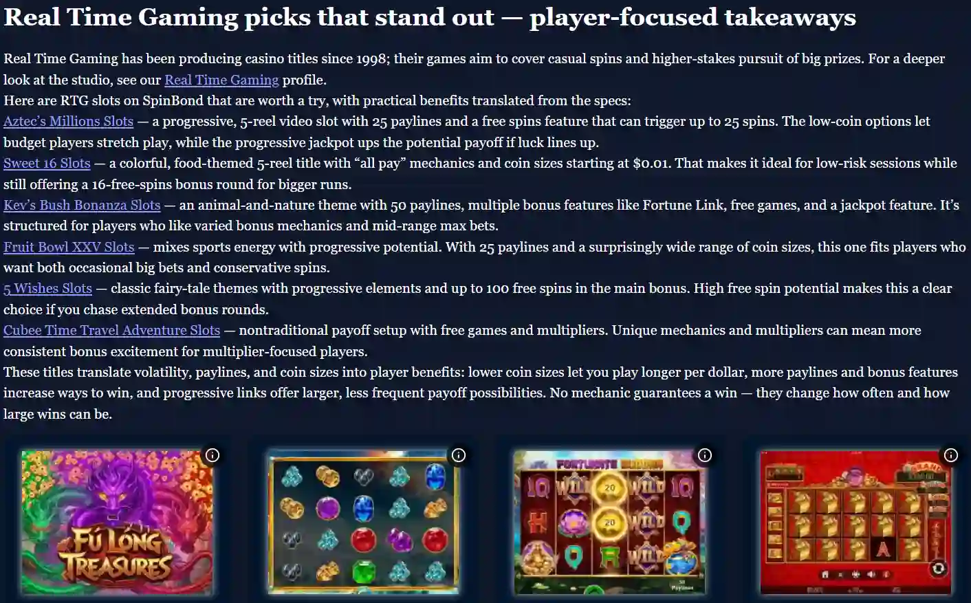 SpinBond game lobby showing RTG titles and game-category navigation