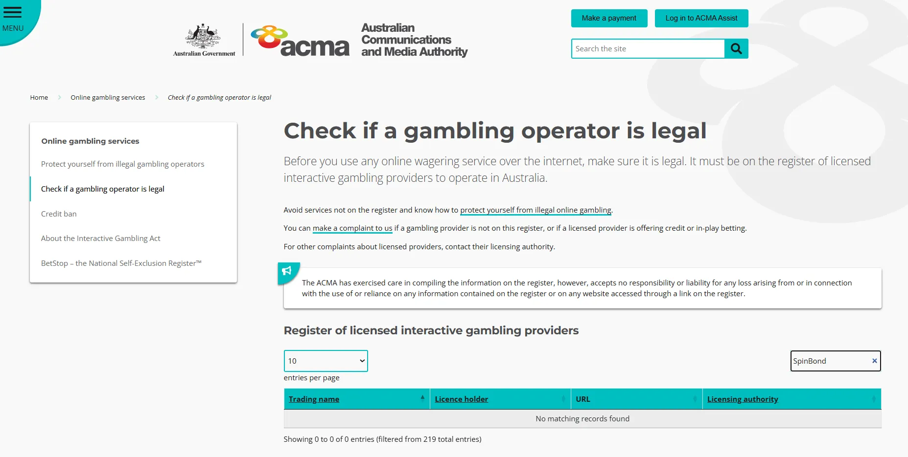 ACMA licensed interactive gambling provider register and legal-check context