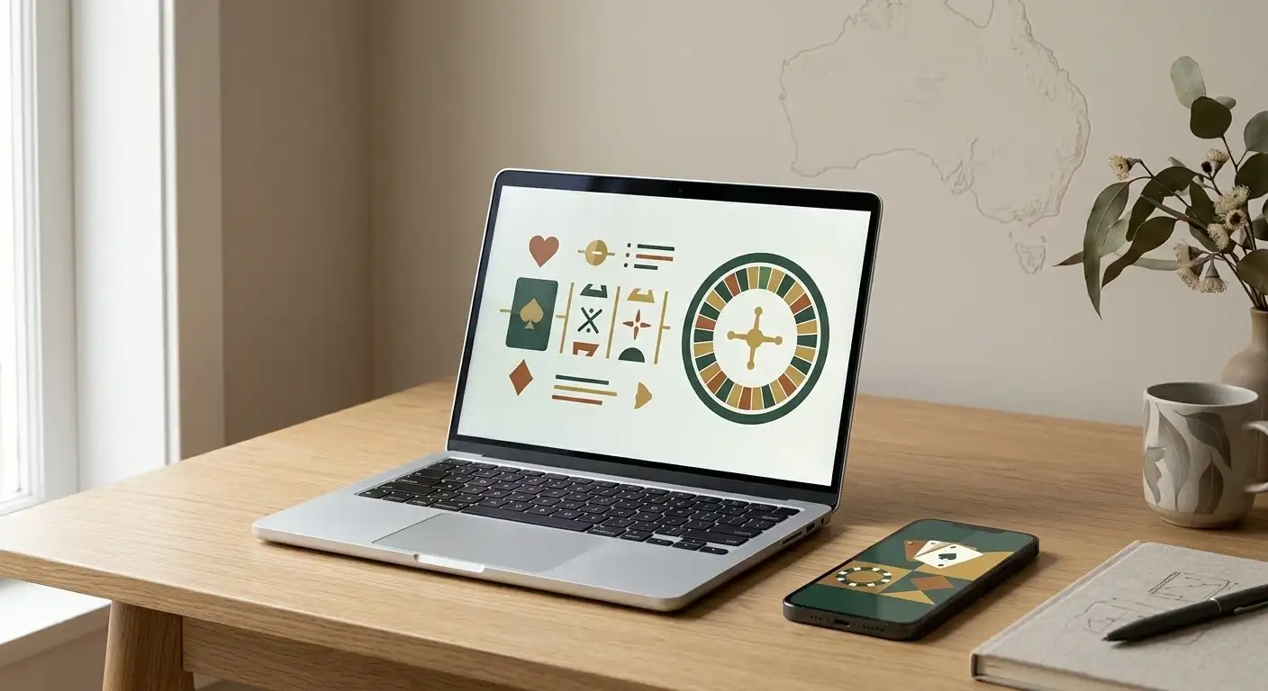 Editorial illustration representing an Australian review of an online casino on laptop and phone