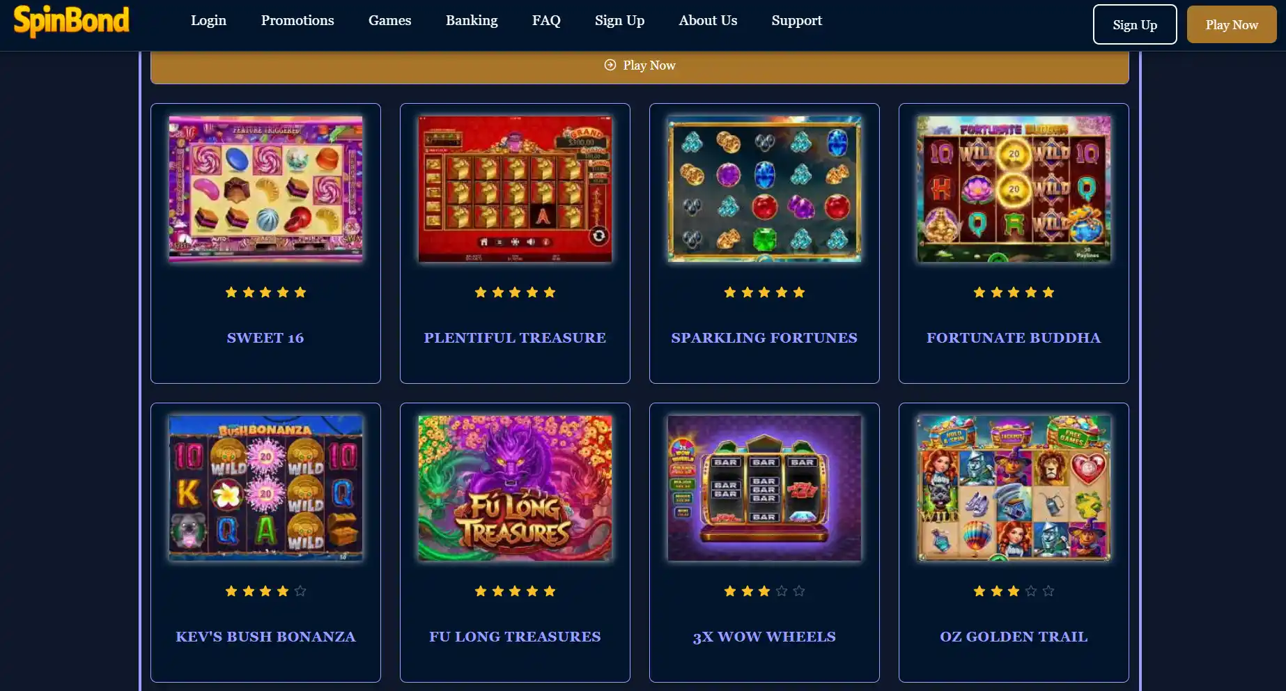 SpinBond Casino homepage or game lobby as shown on the official site