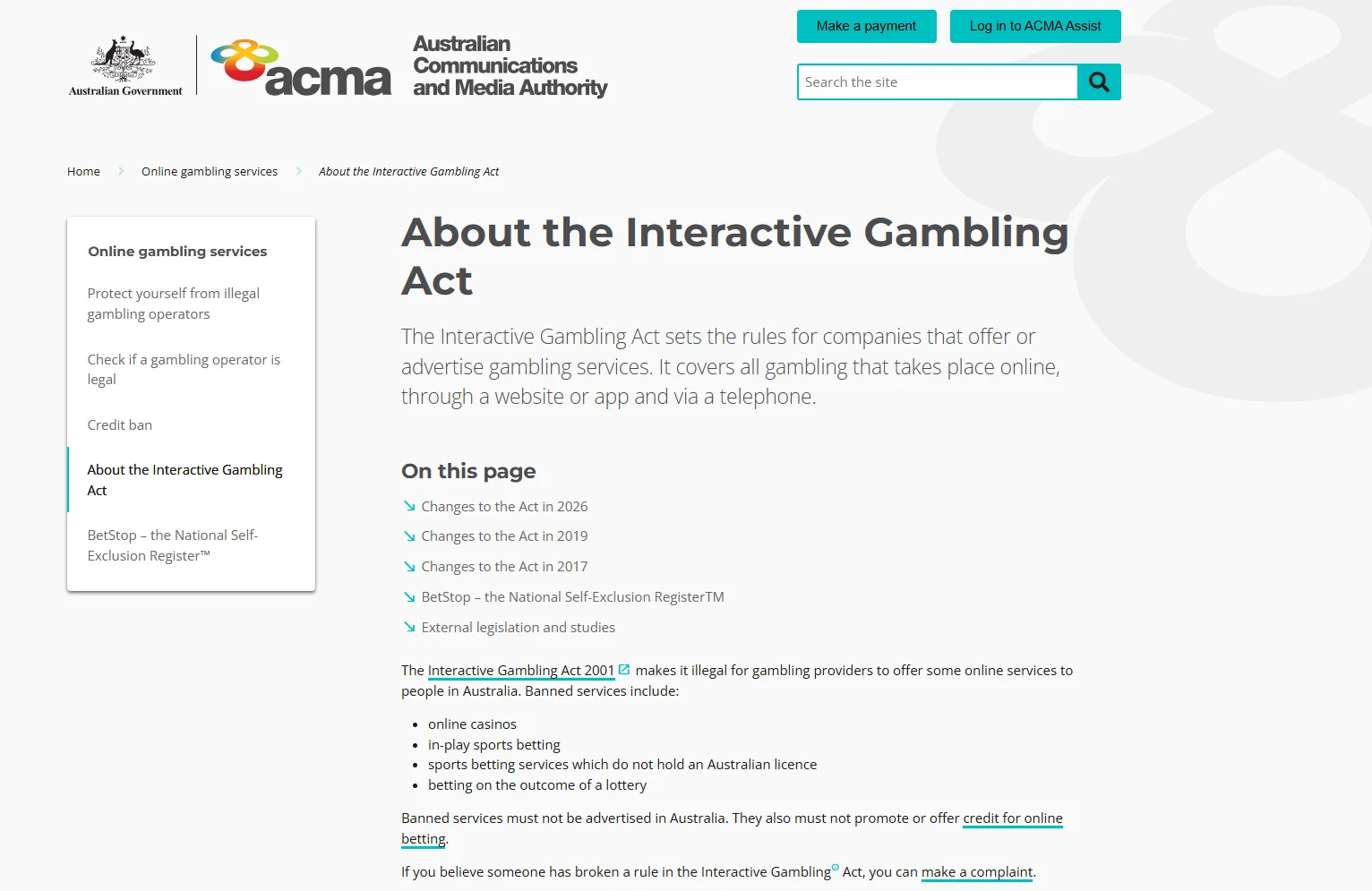 ACMA guidance on prohibited online gambling services